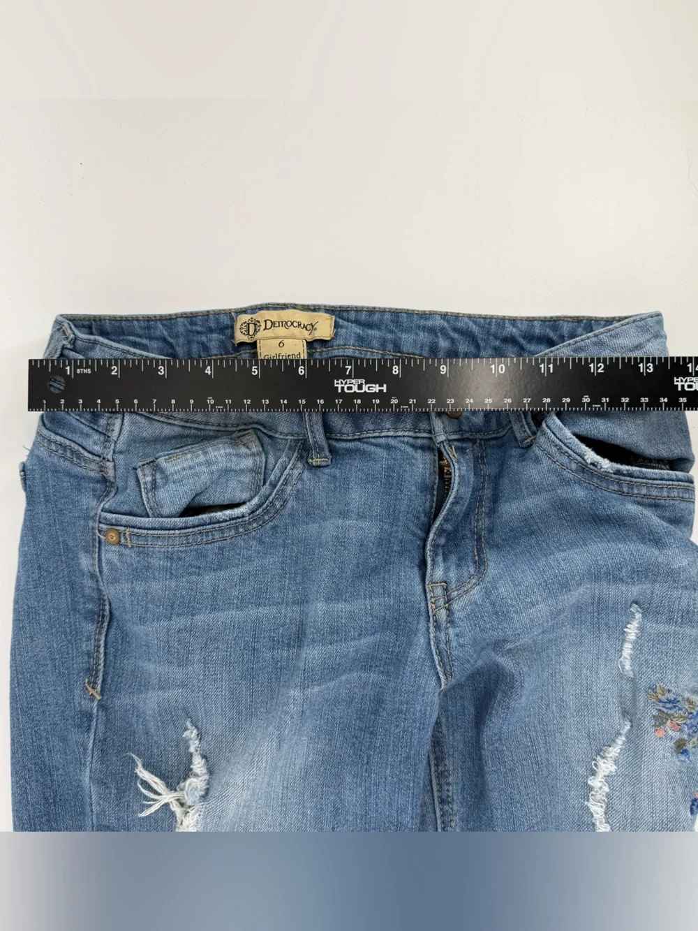 Democracy Light Blue Distressed Jeans with Floral Embroidery